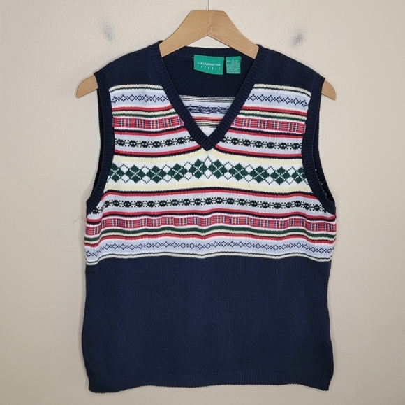 Liz Claiborne LizGolf | Navy Blue Red Pale Yellow Fair Isle Argyle Sweater Vest - Picture 1 of 4